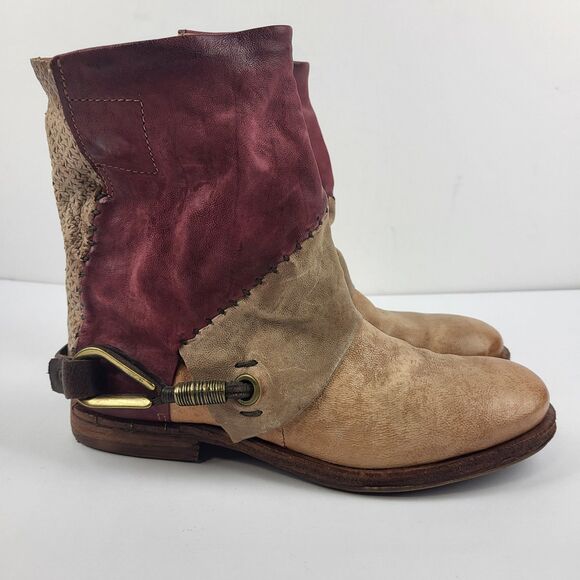 AS 98 Airstep Buckle Slouch Ankle Boots Leather Red Tan Boho Size 38 EU - Picture 7 of 14
